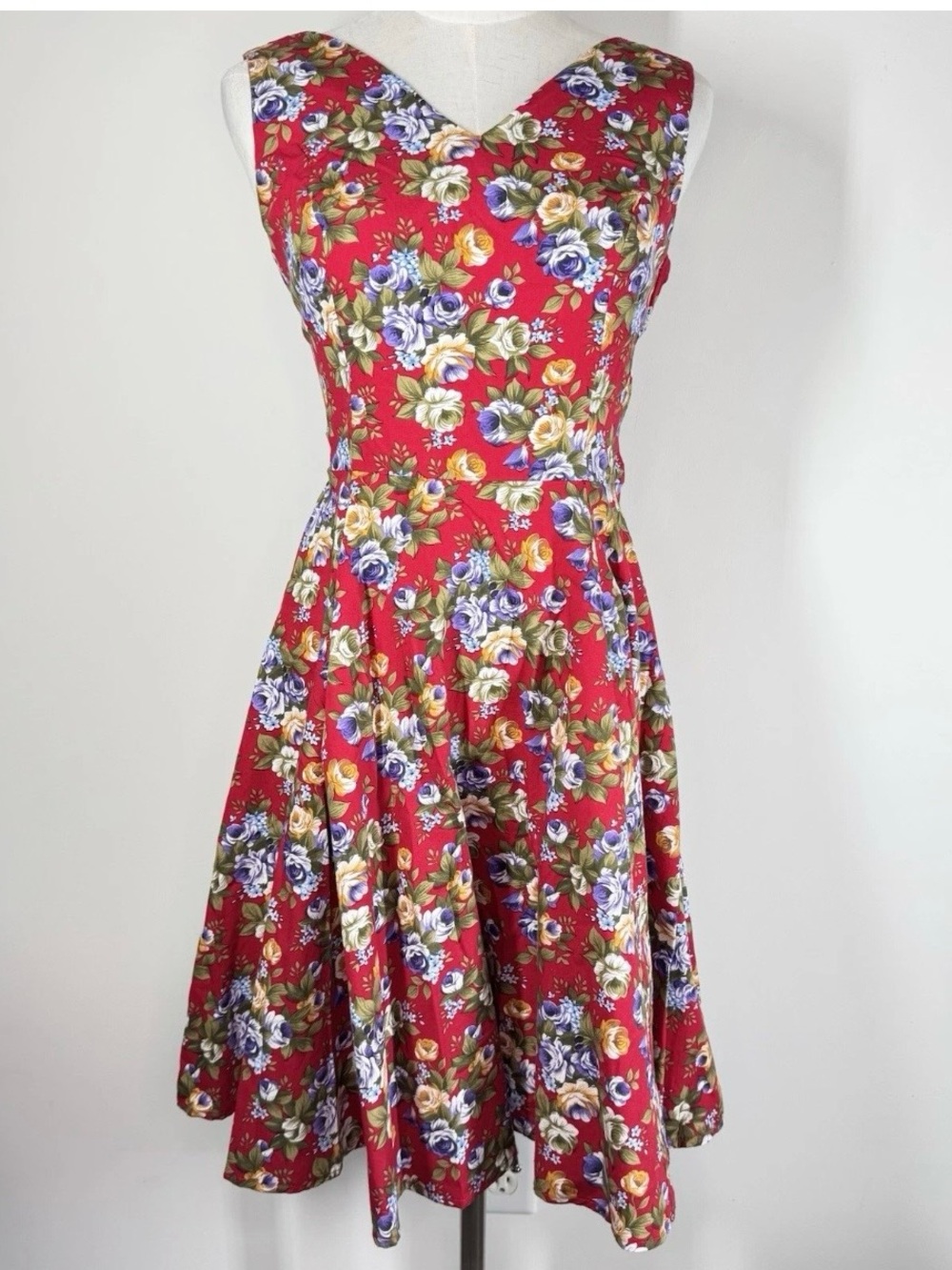 Hearts & Roses Rose Print Fit Flare Dress Size 14 Retro  red 50s Pin Up